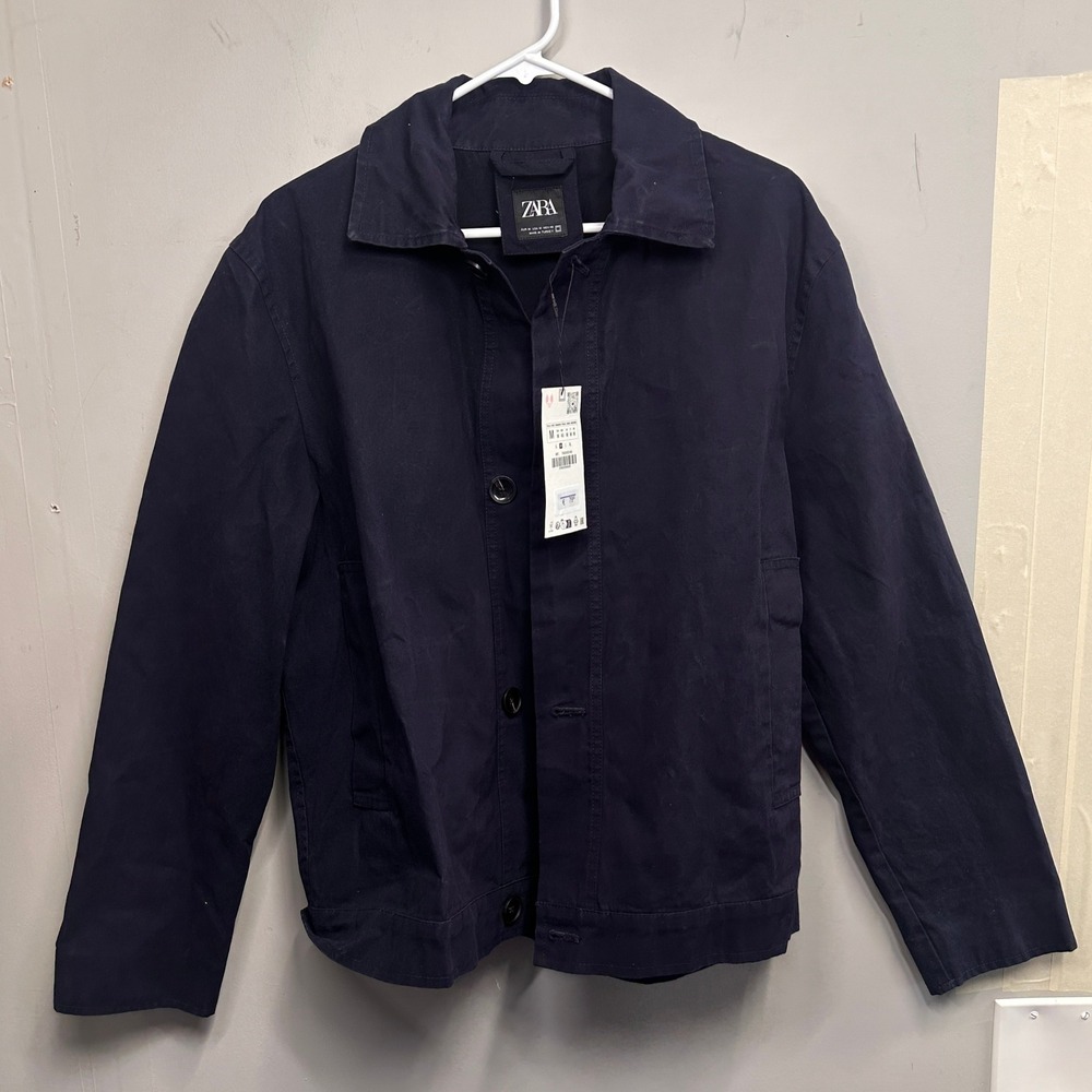 NWT Zara Men's M Indigo Waxed-Effect Cotton Boxy Fit Jacket Button Front